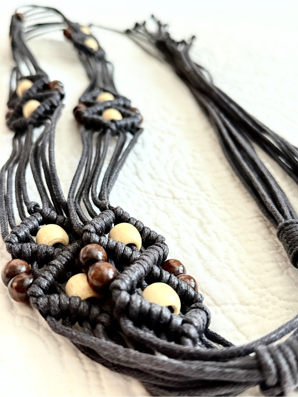 Bohemian Macramé leather belt with Natural Wood Beads